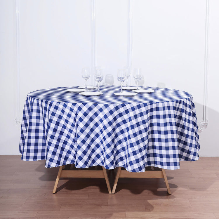 90 Inch Round White & Navy Blue Checkered Polyester Buffalo Plaid Tablecloth