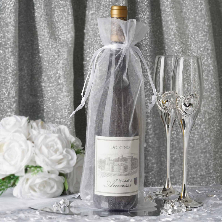 10 Pack | 6x15inches White Organza Drawstring Party Favor Wine Gift Bags