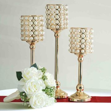 Set of 3 White Pearl Beaded Gold Votive Candle Holders, Small Pillar Candle Stands 12" 14" 16"