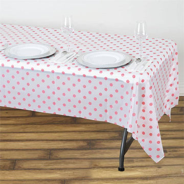 White Pink Polka Dots Waterproof Plastic Tablecloth, PVC Rectangle Disposable Table Cover 54"x108"