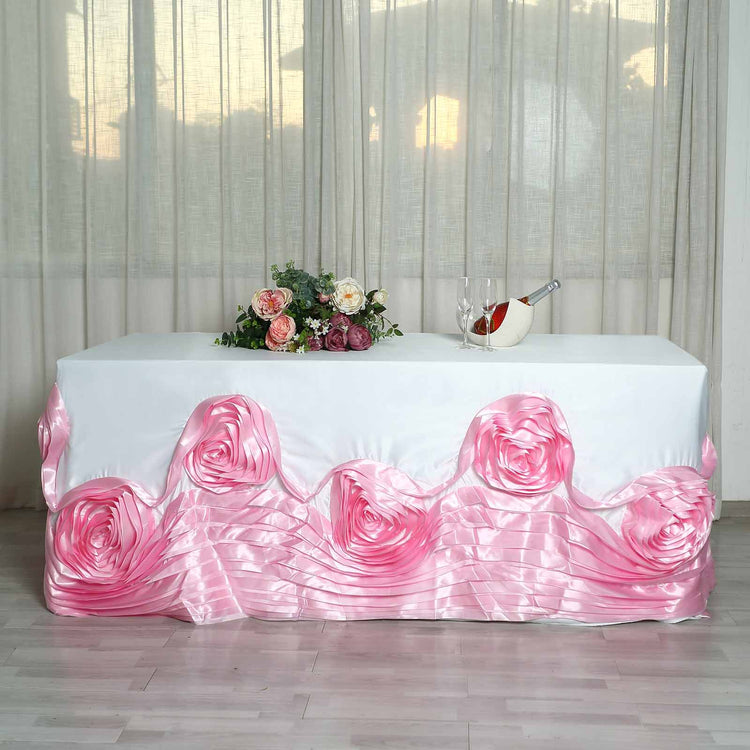 90 Inch x 156 Inch White & Pink Large Rosette Lamour Satin Rectangular Tablecloth