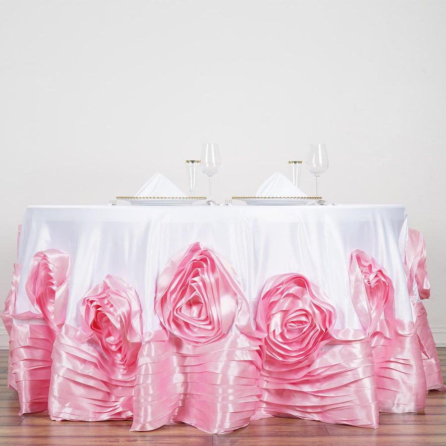 132 Inch White & Pink Large Rosette Lamour Satin Round Tablecloth