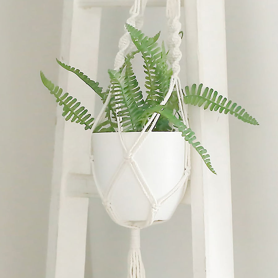 White Plastic Indoor Planter Pot With Hanging Macrame Holder 5.5 Inch