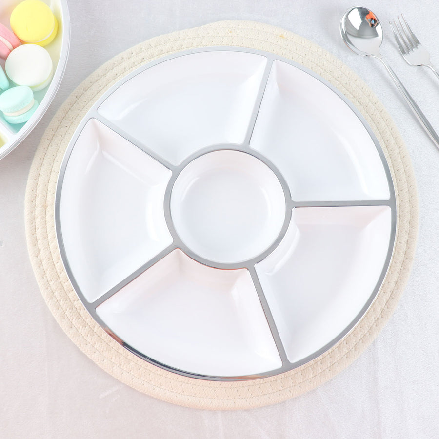 12 Inch White Plastic Round Serving Trays With Silver Rim#whtbkgd