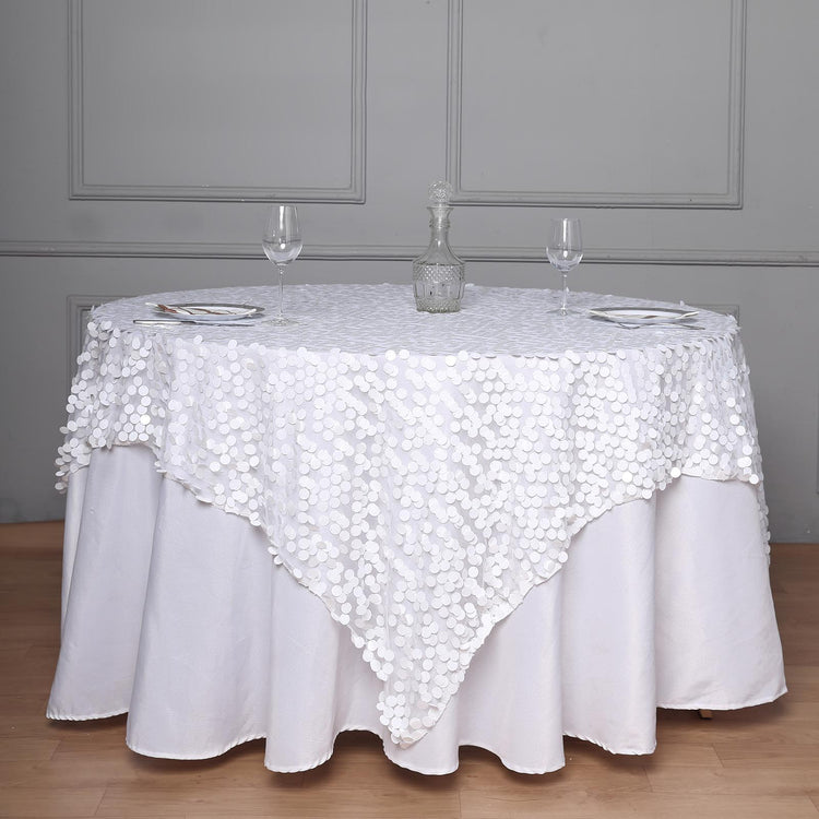White Big Payette Sequin Premium Table Overlay 72 Inch x 72 Inch