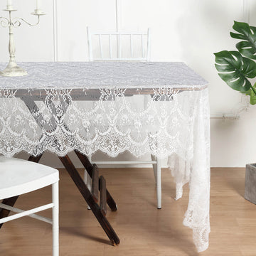 White Premium Lace Seamless Rectangle Tablecloth, Vintage Lace Table Cover With Scalloped Frill Edges 60"x120"