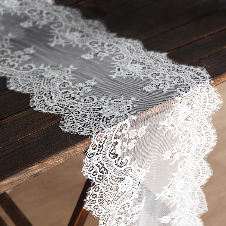 15 Inch By 117 Inch White Floral Lace Table Runner Scalloped Frill Edges
