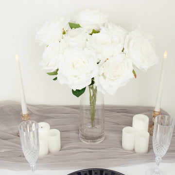 2 Bushes White Premium Silk Jumbo Rose Flower Bouquet, High Quality Artificial Wedding Floral Arrangements 17"