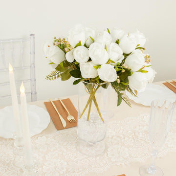 3 Pack White Real Touch Artificial Rose Bud Flower Bridal Bouquets, Silk Floral Bush Arrangements 13"