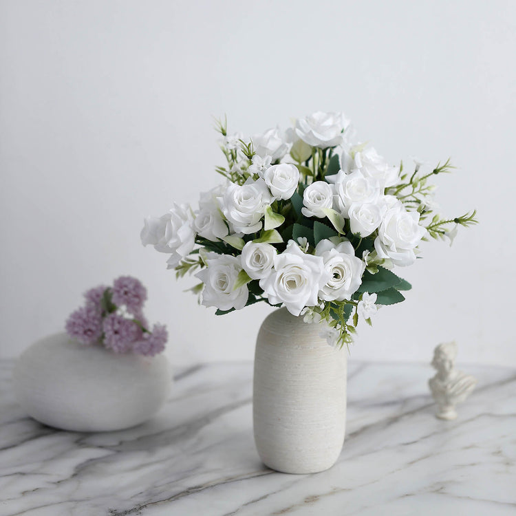 12 Inch White Silk Artificial Flower Rose Bushes