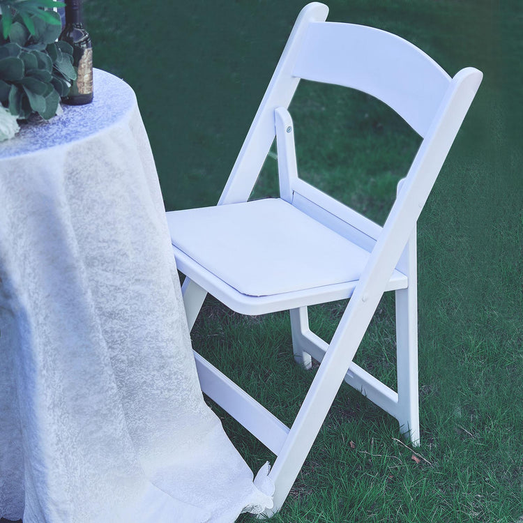 White Resin Folding Chair With Vinyl Padded Seat For Weddings, Indoor or Outdoor Events