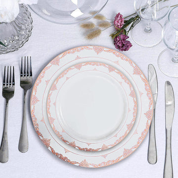 10 Pack White 7.5" Rose Gold Lace Rim Plastic Dessert Salad Plates, Round Appetizer Plates with Ornate Rim
