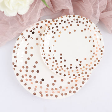 25 Pack White Rose Gold Polka Dot Dessert Appetizer Paper Plates, Disposable Salad Party Plates 300 GSM 7"