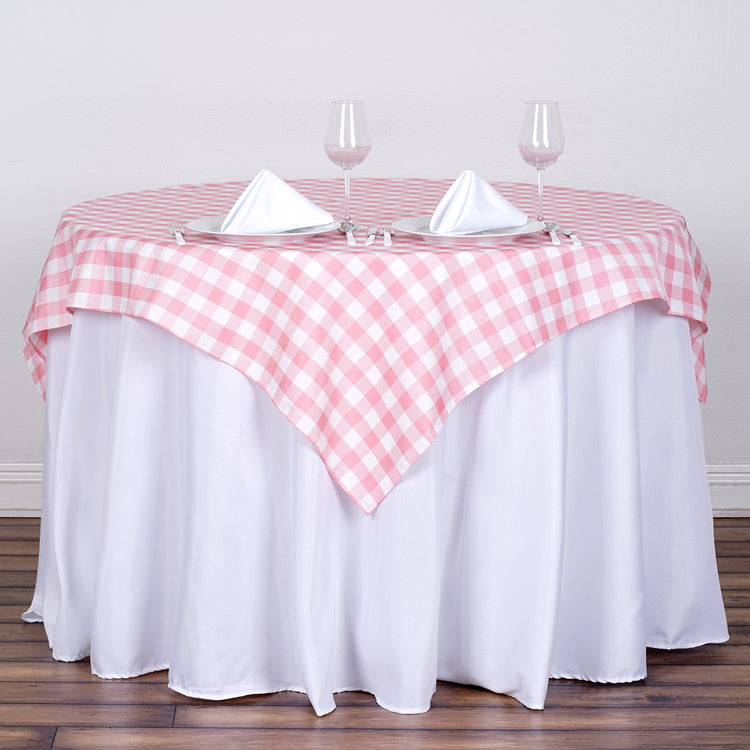 54 Inch Square White And Rose Quartz Table Overlay In Buffalo Plaid Polyester