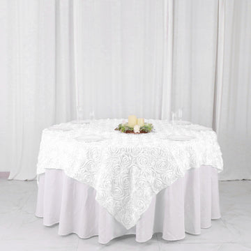 Elevate Your Tablescape with the White 3D Rosette Satin Table Overlay