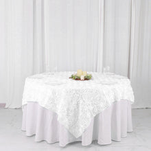 White 3D Rosette Satin Square Table Overlay 72 Inch x 72 Inch