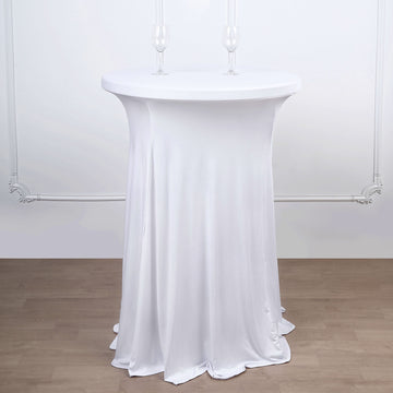 White Round Spandex Cocktail Table Cover With Natural Wavy Drapes