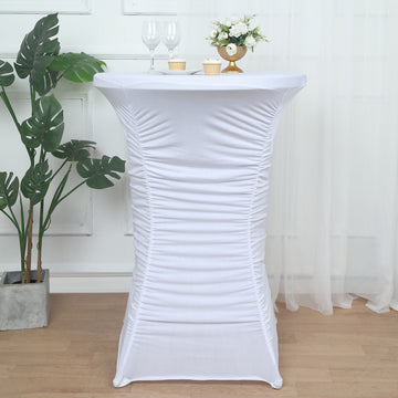 32" White Ruched Pleated Heavy Duty Spandex Cocktail Table Cover - Closeout Sale
