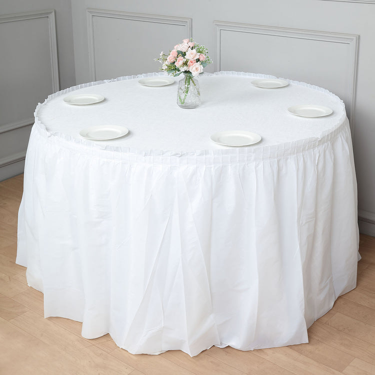 White Ruffled Waterproof Disposable Plastic Table Skirt 14 Feet