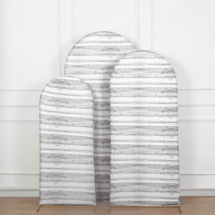 Set of 3 | White Rustic Wood Pattern Spandex Fitted Wedding Arch Covers For Chiara Backdrop Stands