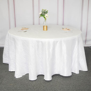 120" White Seamless Accordion Crinkle Taffeta Round Tablecloth