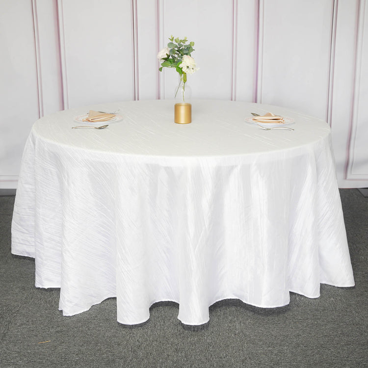 120 Inch White Accordion Crinkle Taffeta Fabric Round Tablecloth