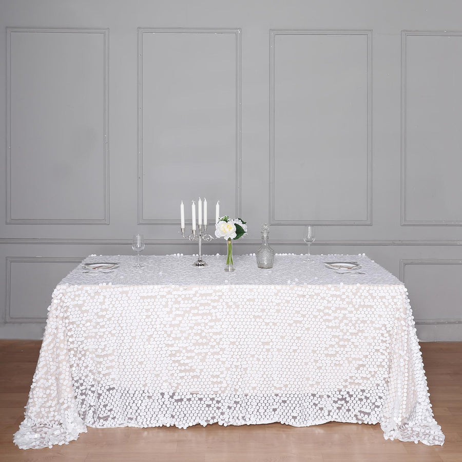 White Big Payette Sequin Rectangle Tablecloth 90 Inch x 132 Inch