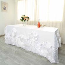 90 Inch x 132 Inch White Large Rosette Lamour Satin Rectangular Tablecloth