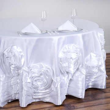 White Seamless Large Rosette Round Lamour Satin Tablecloth 120"