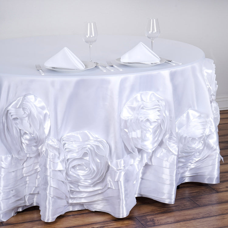 White Large Rosette Round Lamour Satin Tablecloth 120 Inch