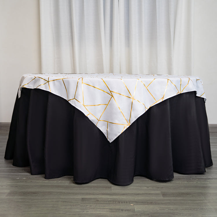 White Polyester Square Table Overlay With Gold Foil Geometric Pattern 54 Inch x 54 Inch 