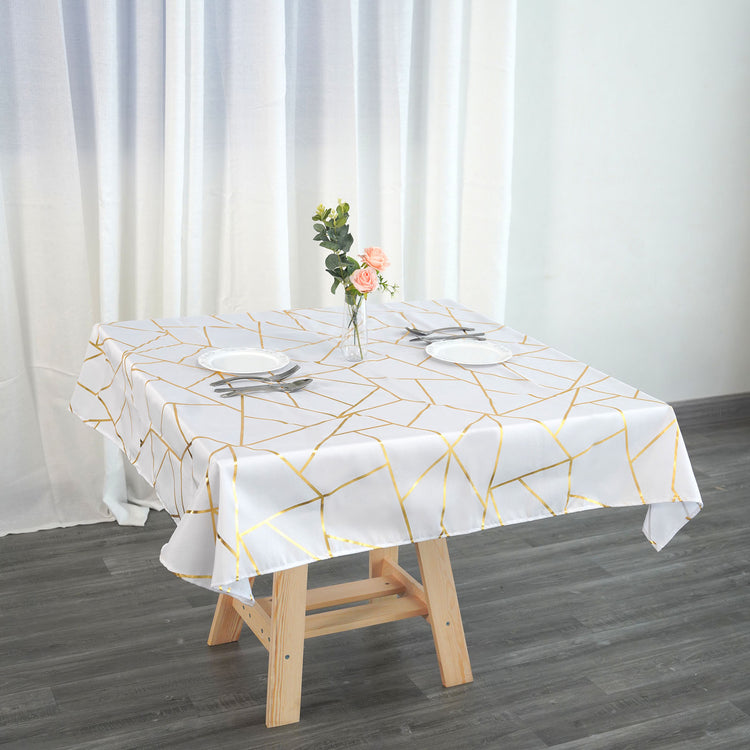 White Polyester Square Tablecloth With Gold Foil Geometric Pattern 54 Inch x 54 Inch