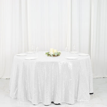 120" White Seamless Premium Sequin Round Tablecloth