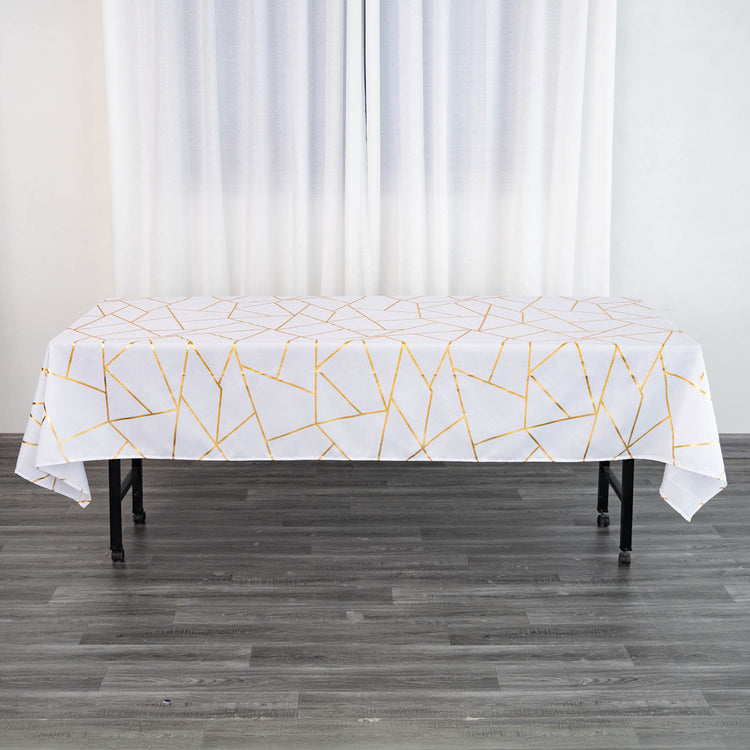 White Polyester Rectangular Tablecloth With Gold Foil Geometric Pattern 60 Inch x 102 Inch