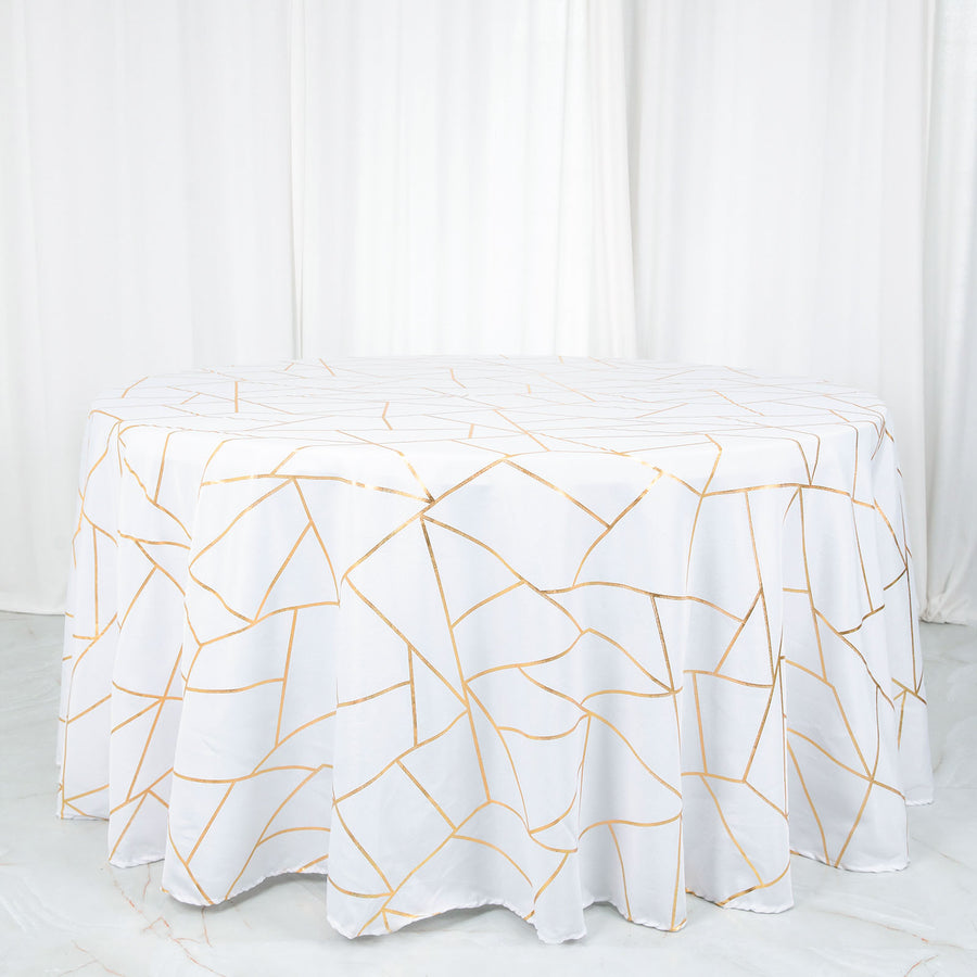 120 Inch White Round Polyester Tablecloth With Gold Foil Geometric Pattern