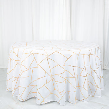 White Seamless Round Polyester Tablecloth With Gold Foil Geometric Pattern 120"