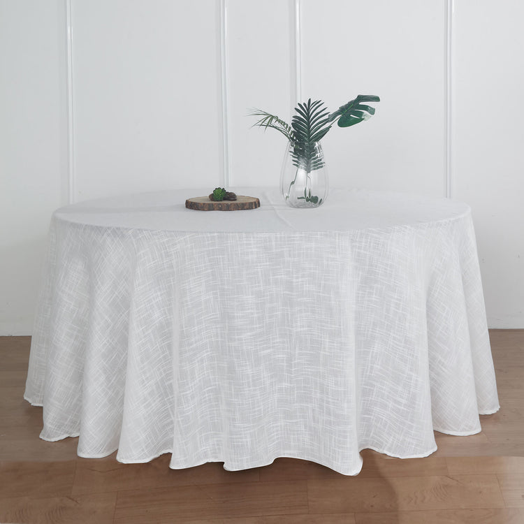 White Linen Wrinkle Resistant Round Tablecloth 120 Inch Slubby Textured 