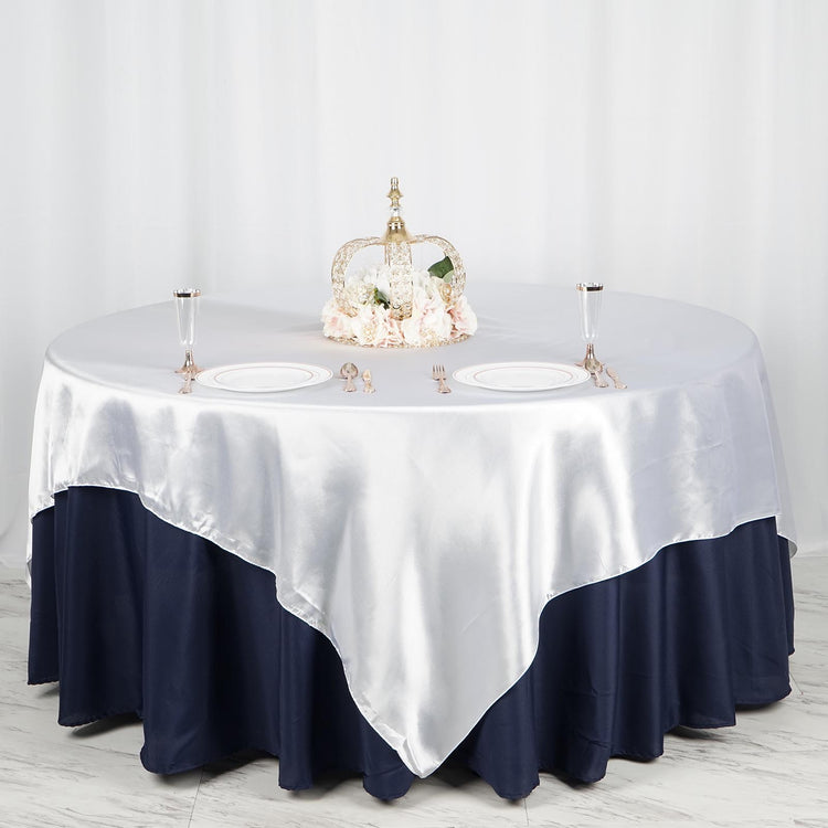 90 Inch x 90 Inch White Seamless Satin Square Tablecloth Overlay