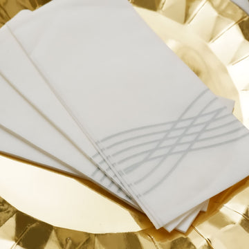 20 Pack | White / Silver Airlaid Soft Linen-Feel Paper Dinner Napkins, Disposable Hand Towels - Silver Foil Wave Design