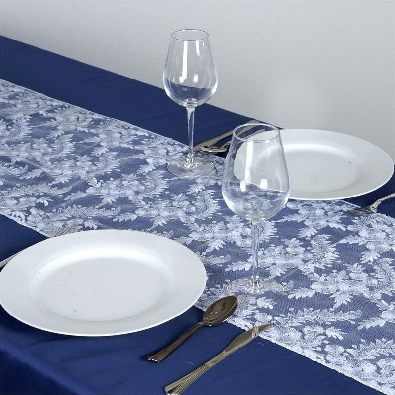 14 Inch x 108 Inch White & Silver Lace Netting Table Runner