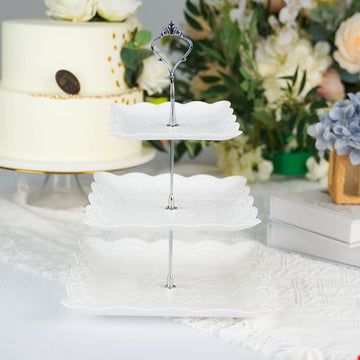3-Tier White/Silver Floral Print Cupcake Stand, Dessert Tray, Plastic With Top Handle 13"