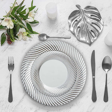 10 Pack White / Silver Swirl Rim Plastic Dessert Appetizer Plates, Round Disposable Salad Plates 6"