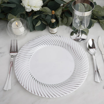 10 Pack White Plastic Dinner Plates with Silver Swirl Rim, Round Disposable Party Plates - 9"