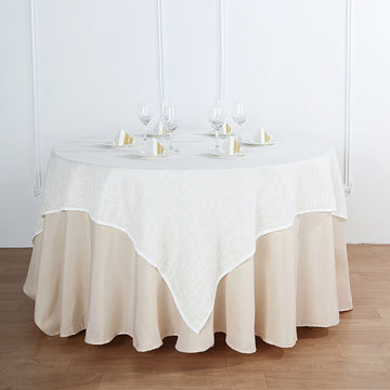 White Slubby Textured Linen Square Table Overlay, Wrinkle Resistant Polyester Tablecloth Topper 72"x72"