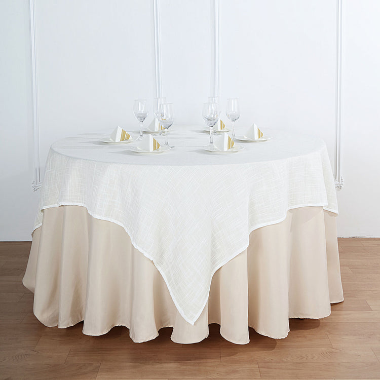 White Wrinkle Resistant Linen Square Table Overlay 72 Inch x 72 Inch With Slubby Texture