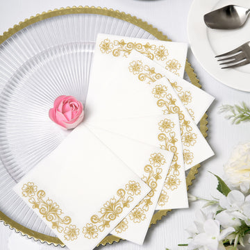 20 Pack White Soft Linen-Like Airlaid Paper Cocktail Napkins With Gold Floral Design 10"x10"