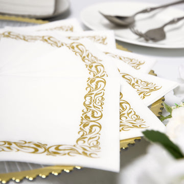20 Pack | White Soft Linen-Like Airlaid Paper Cocktail Napkins With Gold Scroll Floral Design - 10"x10"