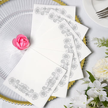 20 Pack | White Soft Linen-Like Airlaid Paper Cocktail Napkins With Silver Floral Design - 10"x10"