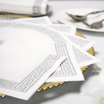 20 Pack | White Soft Linen-Like Airlaid Paper Cocktail Napkins With Silver Greek Key Design - 10"x10"