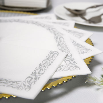 20 Pack | White Soft Linen-Like Airlaid Paper Cocktail Napkins With Silver Scroll Floral Design - 10"x10"